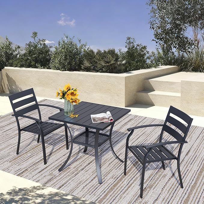 3 Piece Outdoor Dining Set, Patio Dining Set for 2, 27.6" Metal Square Table with 2 Black Metal Outdoor Dining Chairs with Armrest for Lawn, Garden, or Porch