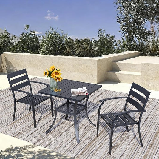 3 Piece Outdoor Dining Set, Patio Dining Set for 2, 27.6" Metal Square Table with 2 Black Metal Outdoor Dining Chairs with Armrest for Lawn, Garden, or Porch