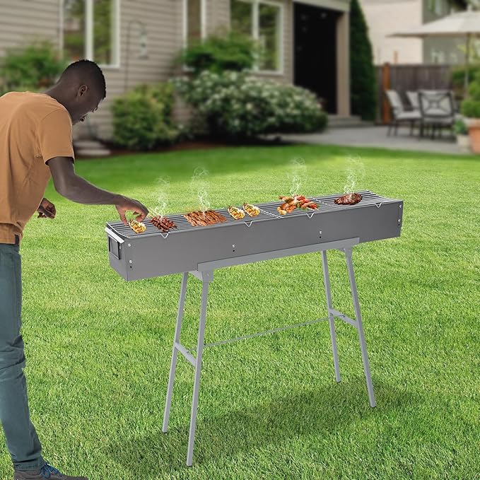 Portable Charcoal Grill Foldable Camping Barbecue Grill for Outdoor Cooking Large BBQ Grills with Adjustable Air Door Lamb Skewer Grills for Backyard Party Picnic Travel, 39.3x7x5.1Inch