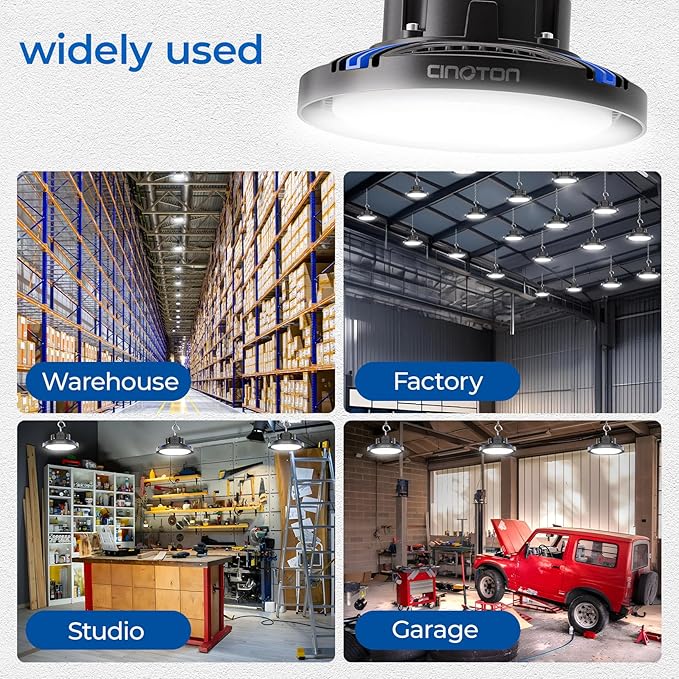 CINOTON UFO LED High Bay Light, 160W/120W/80W Switchable, AC100-277V LED Shop Lights with US Plug, 24000LM Dimmable 0-10V Commercial Bay Lighting for Garage Workshop 5000K Daylight-UL Listed, 4 Pack