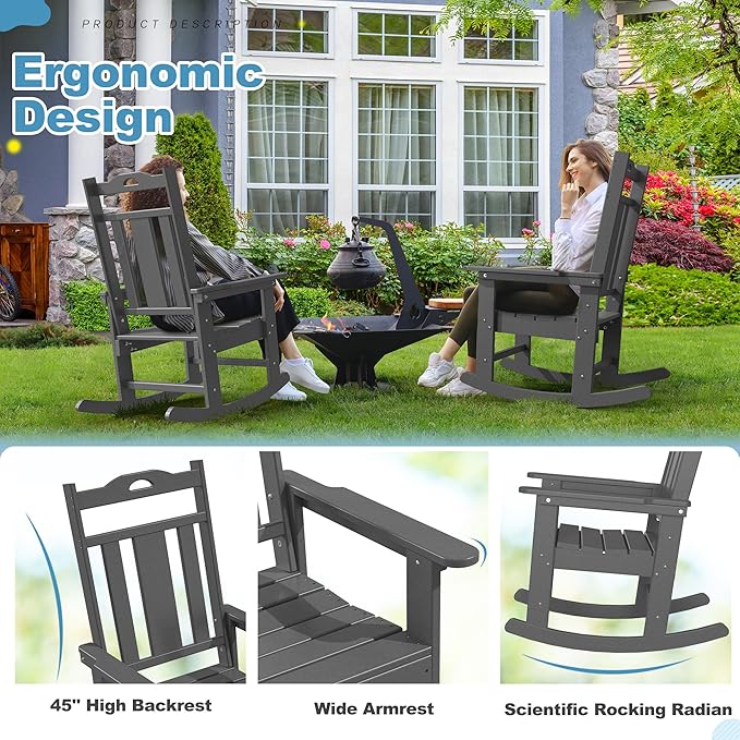 nalone Outdoor Rocking Chair, Oversized Porch Rocker Chair for Adult, All-Weather Resistant Patio Rocking Chair for Garden Lawn(Grey)