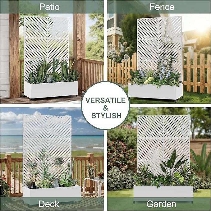 Large Metal Raised Garden Beds with Privacy Screen, Standing Planter Box with Trellis & Wheels for Outdoor Climbing Plants, Garden Boxes with Drainage Holes for Patio (47"L, White Parallel)