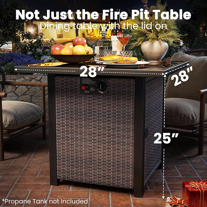 Propane Fire Pit Table, Outdoor Fire Pit Table, 28" Rattan Square Outdoor Gas Fire Pit with Glass Wind Guard, Tempered Glass Tabletop, Lid, CSA Listed, 50,000 BTU for Outside Patio Deck & Garden,Brown