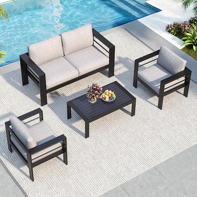 Solaste Outdoor Aluminum Furniture Set - 4 Pieces Patio Sectional Chat Sofa Conversation Set with Table,Black Frame and Grey Cushion