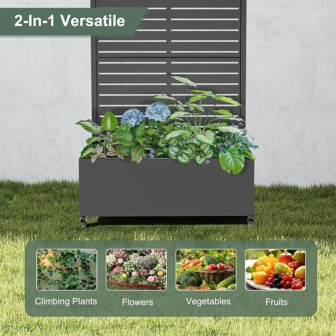 Metal Trellis with Planter Box for Climbing Plants Vegetables, Raised Garden Beds with Privacy Screen & Wheels, Standing Flower Box with Drainage Holes (35" L, Black Arch)