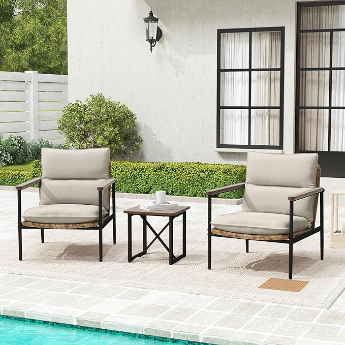3-Piece Patio Outdoor Bistro Sets, All Weather Rattan Patio Furniture Set with Aluminum Frame Chairs and Side Table, Classic Wooden Armrest & Waterproof Olefin Cushion for Yard Deck Porch