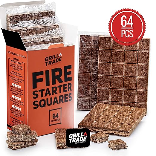 Grill Trade Fire Starter Squares - 64-Piece Fire Starters for Campfires and BBQ - Indoor Outdoor Chimney Starter for Fireplace, Wood Stove, Fire Pit - Easy, Firestarter Squares for All-Weather Use