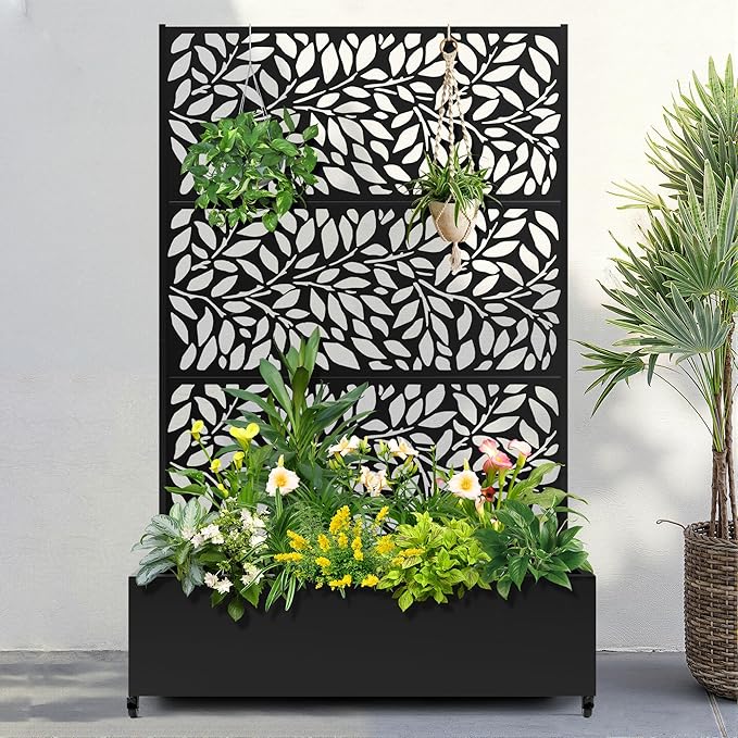 FENCY Metal Raised Garden Bed with Wheels and Trellis,73"x47"x16" Planter Box for Climbing Plants, Vegetables & Vines, Features Privacy Screen and Drainage Holes (Black-Leaf-2)