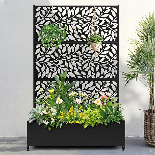 FENCY Metal Raised Garden Bed with Wheels and Trellis,73"x47"x16" Planter Box for Climbing Plants, Vegetables & Vines, Features Privacy Screen and Drainage Holes (Black-Leaf-2)