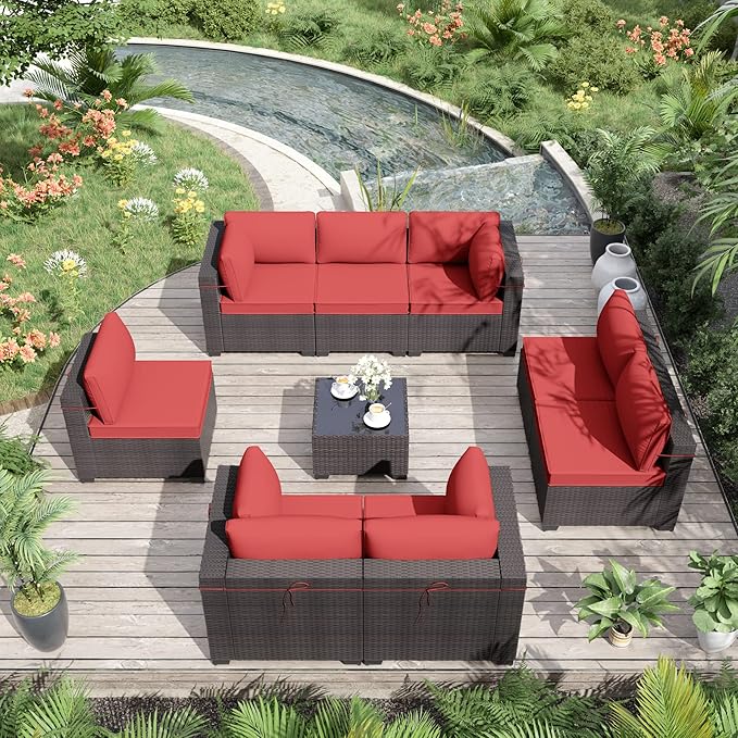 ALAULM Patio Furniture Set with Coffee Table, 9 Pieces Outdoor Sectional with Wide Seat and Thick Cushion, All Weather Wicker Rattan Conversation Set for Backyard, Garden, Deck, Red