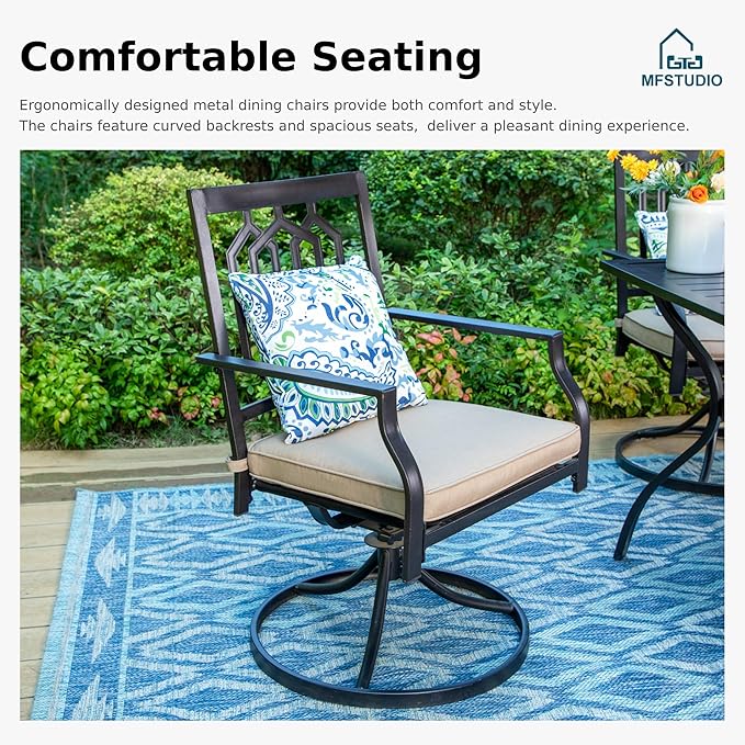 MFSTUDIO 5 PCS Metal Outdoor Patio Furniture Dining Set, 4 Metal Swivel Chairs and Square Dining Table with Umbrella Hole, Black