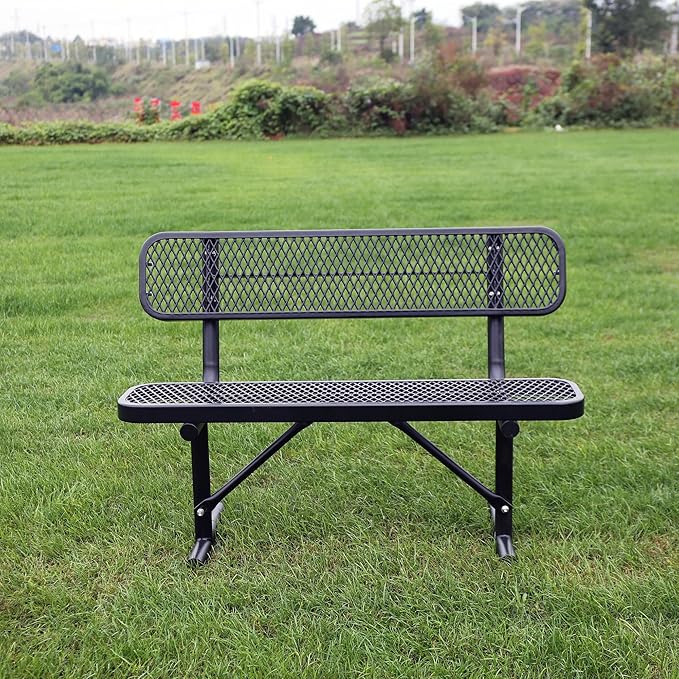 4 Feet Heavy Duty Metal Park Bench for Outside, Outdoor Bench with Backrest & Portable Frame, Commercial Benches for Shopping Malls, Stores, Parks, Patios, Decks, Black