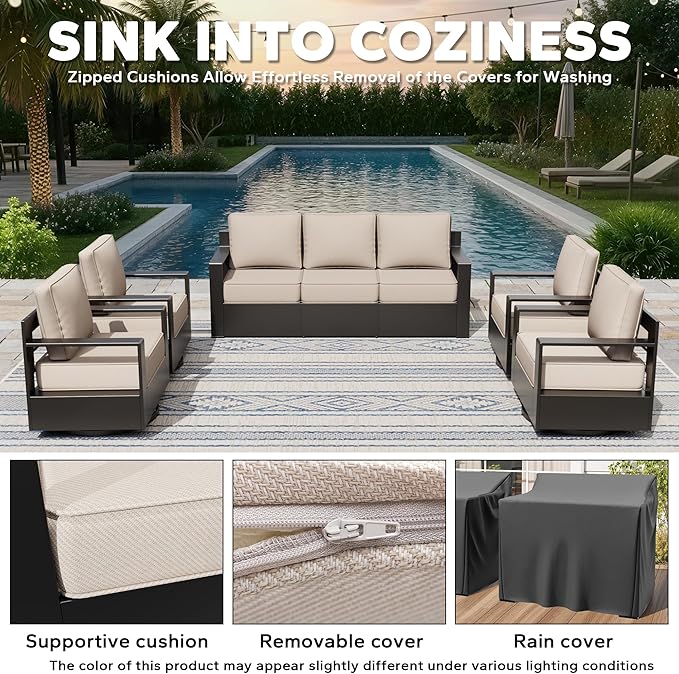 Aluminum Outdoor Conversation Furniture Set - All Weather Patio 79" Sofa with 4 Swivel Rocker Chairs, 6" Water-Resistant Cushions & Furniture Covers & Metal Armrest for Backyard (Beige)