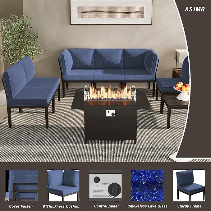 Patio Furniture Set,8 Pieces Modern Outdoor Conversation Set w/43in Gas Fire Pit Table, Outdoor Metal Sectional Sofa with 55000 BTU Propane Fire Pit.