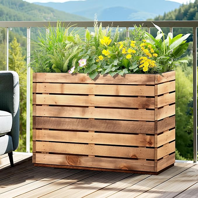 Metal Planter Box Rectangular Planter Box with Drainage Hole, Outdoor Large Planters, All-Weather Use, Rust-Resistance, for Flowers Plants, 35.4" L × 9.1" W × 25.6" H, Dark Walnut