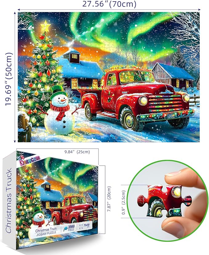 Winter Christmas Holiday Jigsaw Puzzle, 1000 Pieces, Snowy Village Scene with Classic Red Car, Snowman