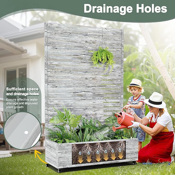 Metal Planter Boxs with Trellis & Wheels for Outdoor Plants, Vines, Large Raised Garden Beds with Drainage Holes for Patio (47" L, Gray Oak Grain)