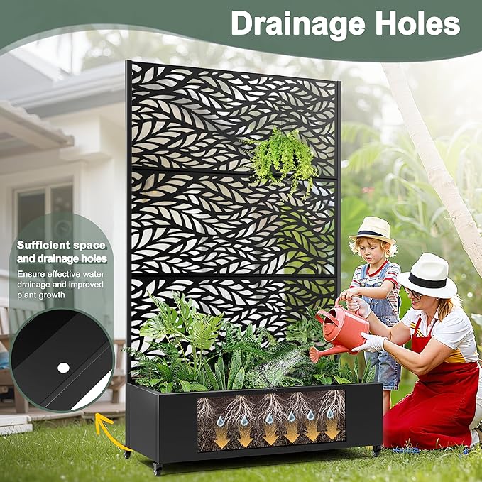 Metal Planter Box with Trellis & Wheels for Outdoor Plants, Large Raised Garden Beds with Drainage Holes, Privacy Planters Box with Trellis for Climbing Plants, Flowers (47"L, Black Spring)