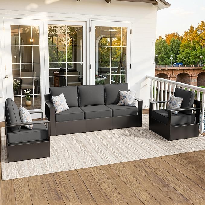 Aluminum Patio 79" Sofa Set with 2 Armchairs, All Weather Outdoor Conversation Furniture Set with Metal Armrest & 6" Water-Resistant Cushions & Furniture Covers for Deck Porch (Grey)