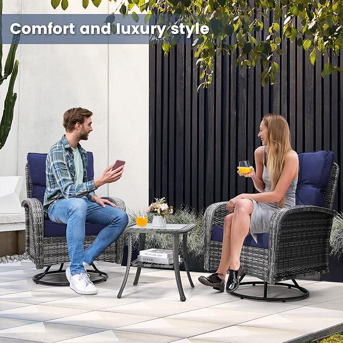 Luxury Outdoor Swivel Wicker Glider Patio Chairs with Table Set, Overstuffed Washable Cushions, Ideal for Porch, Balcony, Deck, Grey Rattan and Blue Cushion