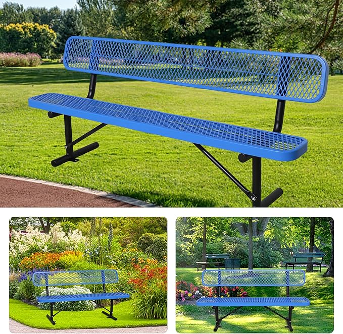8 FT Steel Park Bench for Outside, Outdoor Bench with Backrest & Portable Frame, Thermoplastic Coating, Commercial Benches for Shopping Mall, Store, Park, Patio, Deck, Blue