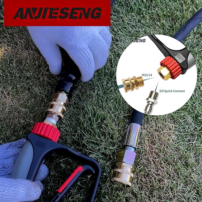 Short Pressure Washer Gun with 360 Swivel - 5000 PSI / 10.5 GPM High Pressure Water Handle with 3/8" Male Plug and 1/4" Quick Connector Coupler - Ideal Power Car Wash Foam Gun (brass)