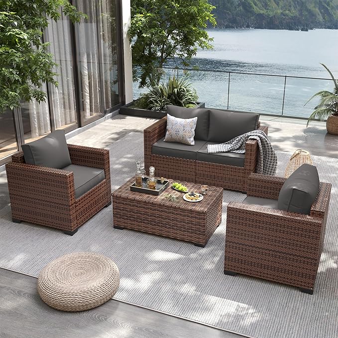 UDPATIO 4 Piece Patio Furniture Set, Wicker Patio Set with Storage Coffee Table and Dark Grey Cushions, Outdoor Patio Furniture for Porch Balcony