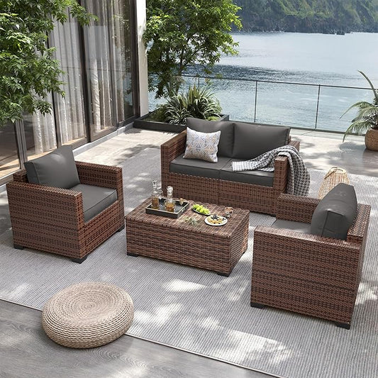 UDPATIO 4 Piece Patio Furniture Set, Wicker Patio Set with Storage Coffee Table and Dark Grey Cushions, Outdoor Patio Furniture for Porch Balcony