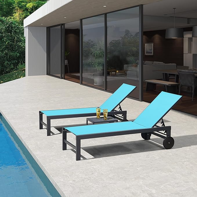 PURPLE LEAF Outdoor Chaise Lounge with Wheels for Outside 2 Pieces Aluminum Patio Lounge Chair with 5 Adjustable Position Recliner for Patio Beach Yard Pool Side Table Included Turquoise Blue