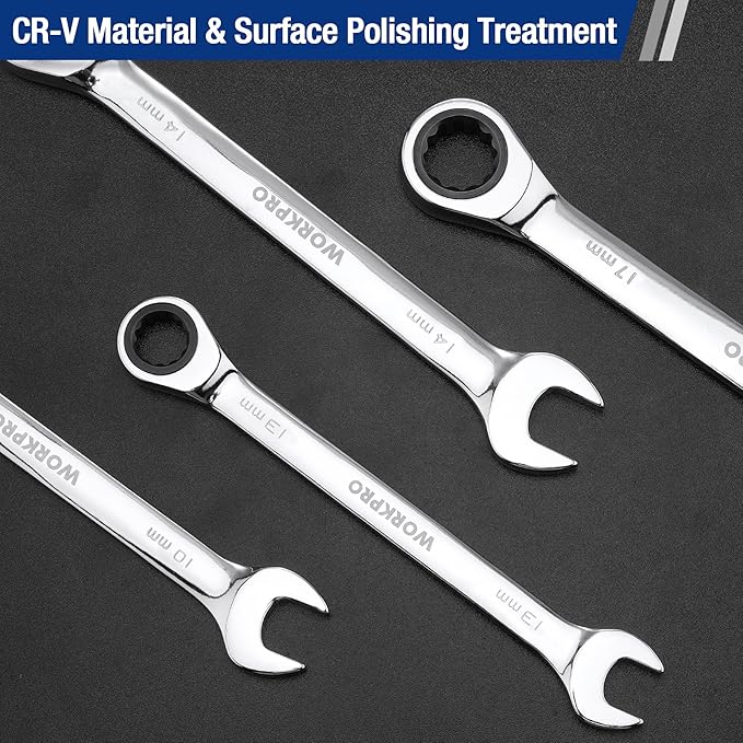 WORKPRO 7-Piece Ratcheting Combination Wrench Set, 72 Teeth, Cr-V Constructed, Combo Ratchet Wrenches Set with Roll Up Pouch, Metric 8mm-17mm