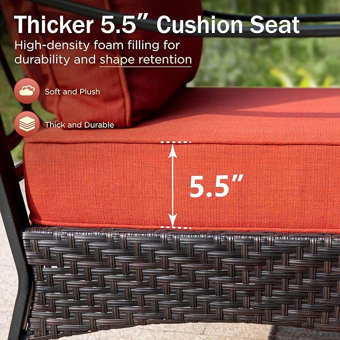 PHI VILLA Patio Rocking Chairs Set of 2, Outdoor Wicker Chairs with Thick Cushion, All Weather High Back Outdoor Furniture for Balcony Porch and Yard