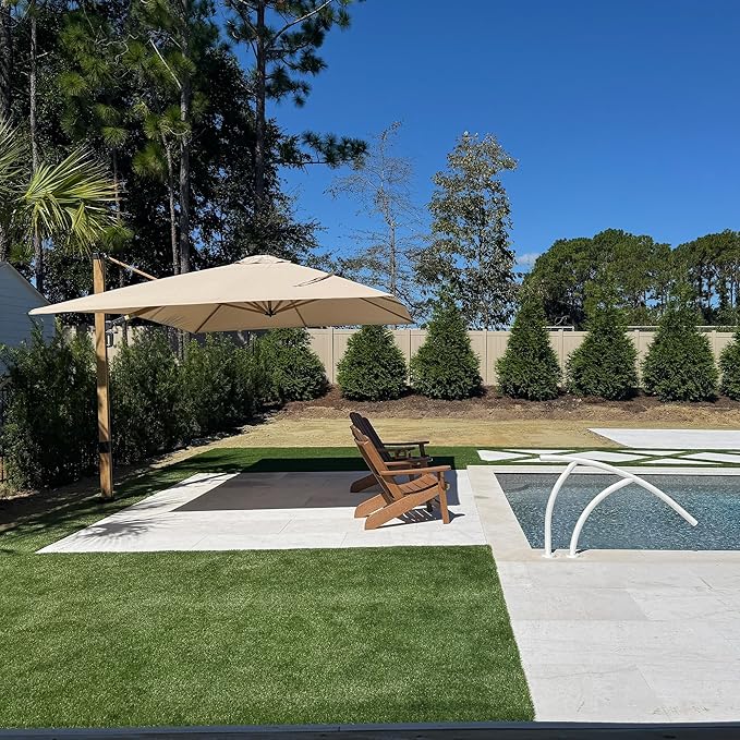 PURPLE LEAF 10‘ x 13’ Rectangle Patio Cantilever Umbrella Large Hanging Umbrella Teak Finished Aluminum Frame Windproof Offset Outdoor Sun Umbrellas for Beach Pool Deck, Beige