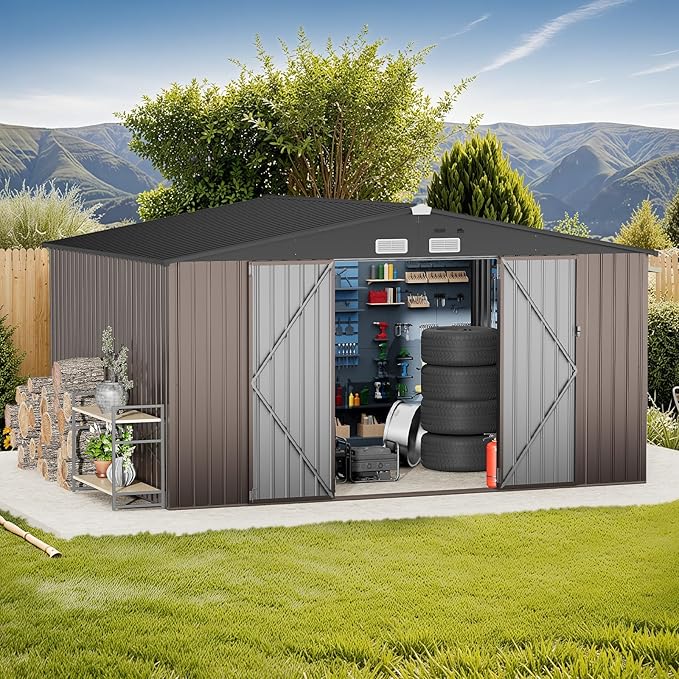 GVDV 10X12 FT Outdoor Storage Shed, Durable Metal Outside Storage for Garden, Patio and Backyard, Waterproof Shelter for Tools,Equipment