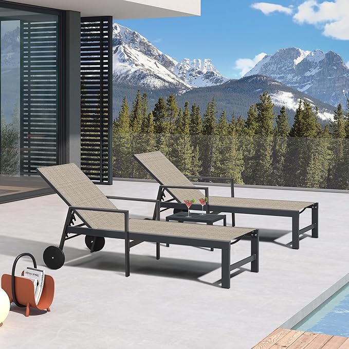 PURPLE LEAF 3 Pieces Outdoor Chaise Lounge Aluminum Patio Lounge Chair with Wheels and Armrests Recliner Chair for Pool Backyard (2 Camel Lounges W/Side Table)