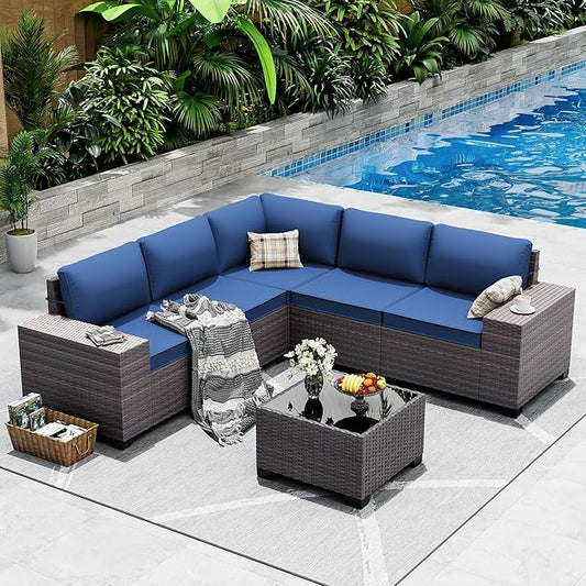 Outdoor Patio Furniture Set, 6 Pieces Outdoor Sectional Furniture High Backrest Patio Sofa, All-Weather PE Rattan Patio Conversation Set with Coffee Table & Cushions(Dark Blue).
