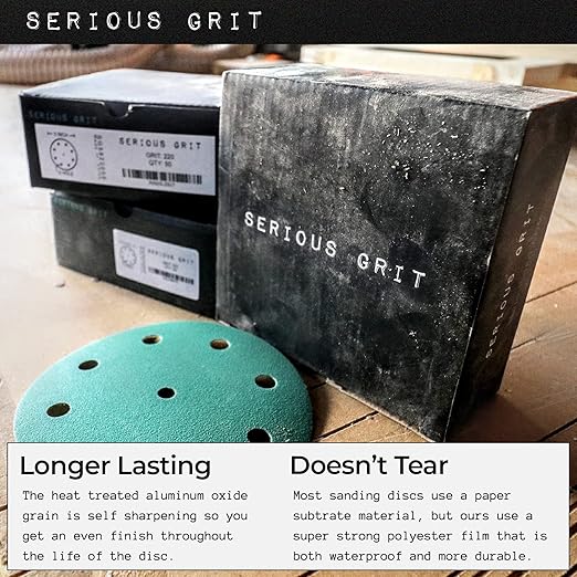 Serious Grit - 5-Inch 9-Hole 400 Grit Sanding Discs - Heavy-Duty Hook & Loop Film Discs - Sandpaper for Random Orbital Sanders - 50 Pack Box