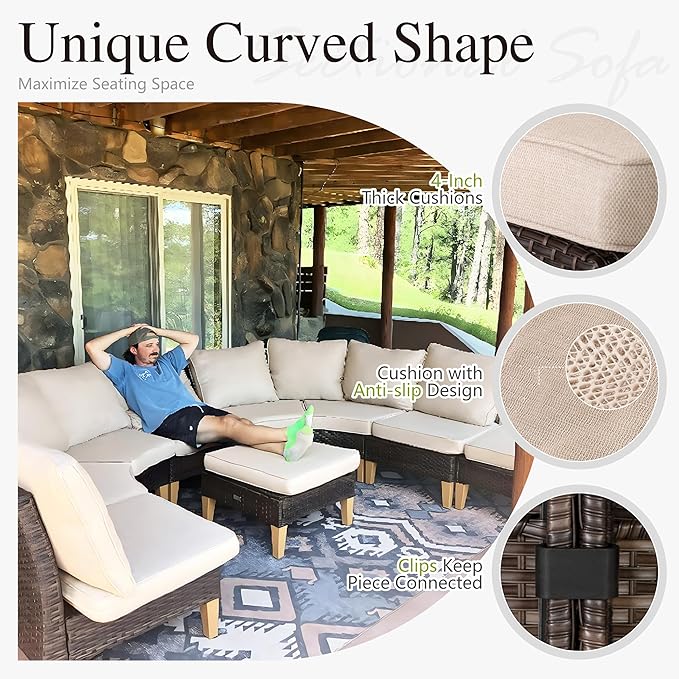 Sophia & William Half-Moon Outdoor Patio Furniture Set 9 Piece Large & High Back Wicker Rattan Patio Sectional Furniture Sofa Set Fan-Shaped Conversation Set with Ottomans & 4" Thick Cushions, Beige