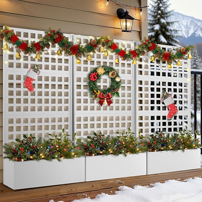 FENCY Metal Raised Garden Bed with Trellis, Planter Box with Trellis, Garden Box for Climbing Plants Vegetable, 35''Lx16''Wx71''H Metal Garden Bed with Drainage Holes(White)