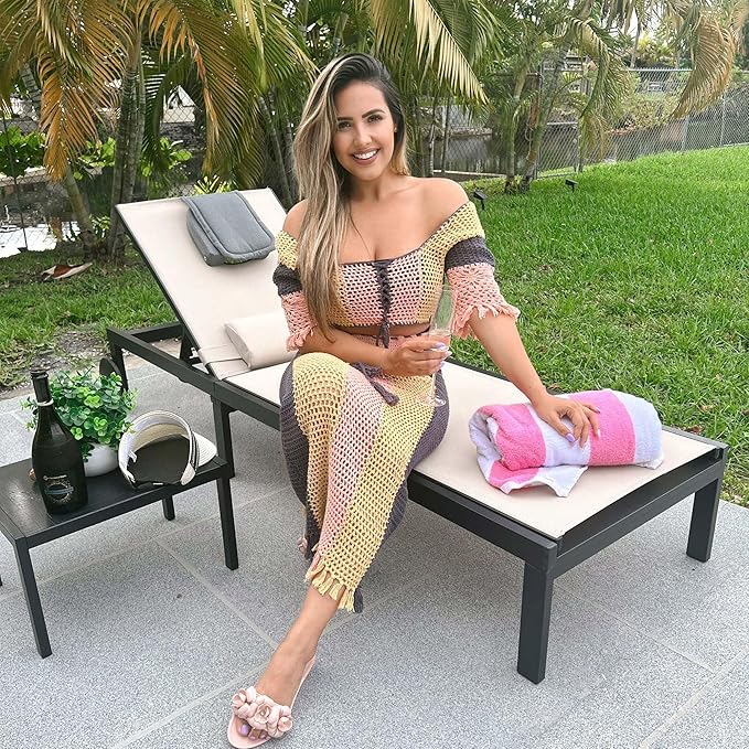 PURPLE LEAF Outdoor Tanning Lounge Chair Set with Face Hole Aluminum Adjustable Chairs Wheels Pillows and Table for Poolside Beach Patio Reclining Sunbathing Lounger Beige