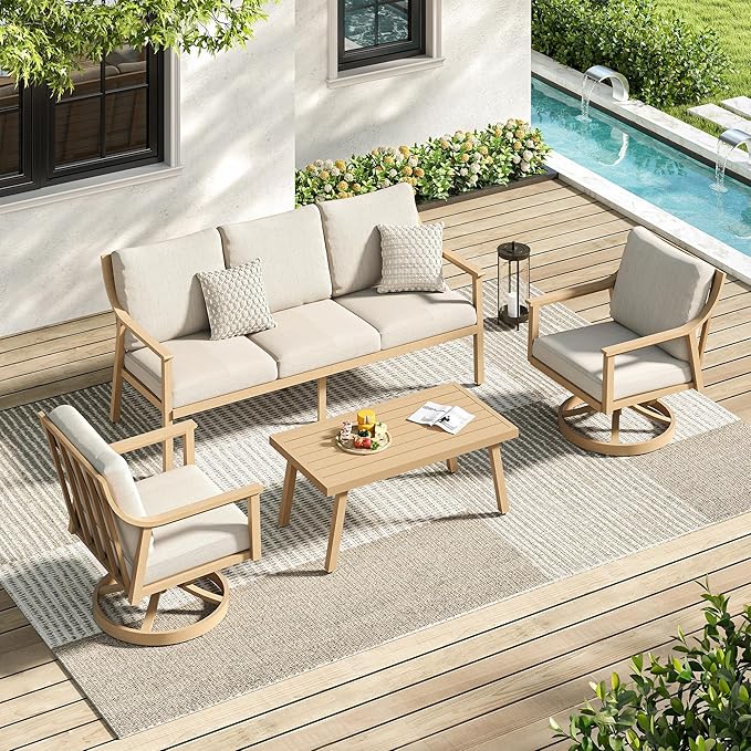 Patio Conversation Sets 4 Pieces - Aluminum 3 Seater Sofa Outdoor Furniture Sets with Thick Cushion, Coffee Table and Swivel Chairs Set of 2, Rustproof and Waterproof for Porch Deck Yard,Beige