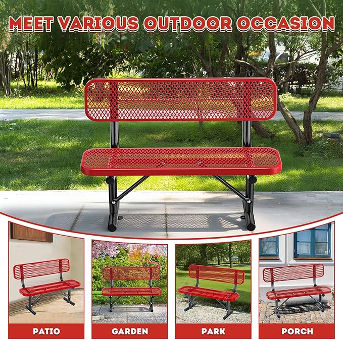 Heavy Duty Park Bench for Outside, Metal Park Bench with Back Portable Frame, Outdoor Steel Mesh Garden Bench with Backrest for Garden, Lawn, Patio, Porch, Park, Yard (Red, 4FT/50INCH)