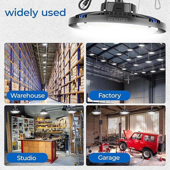 CINOTON 210W Switchable UFO LED High Bay Light, Aluminum LED Shop Lights with 31500LM, 5000K Commercial Bay Lighting for Warehouse Garage Workshop, 6' Cable & Safety Rope, ETL Listed 4 Pack