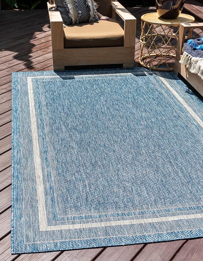 Unique Loom Outdoor Border Collection Area Rug - Soft Border (10' x 14' 1" Rectangle, Blue/ Ivory)