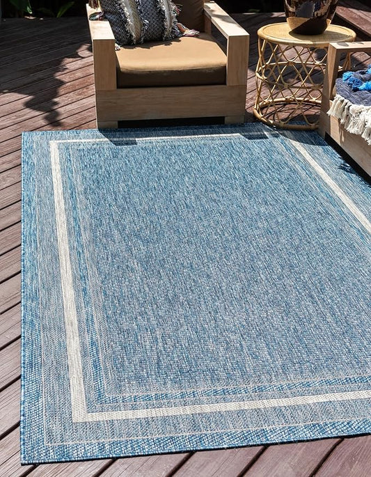 Unique Loom Outdoor Border Collection Area Rug - Soft Border (10' x 14' 1" Rectangle, Blue/ Ivory)