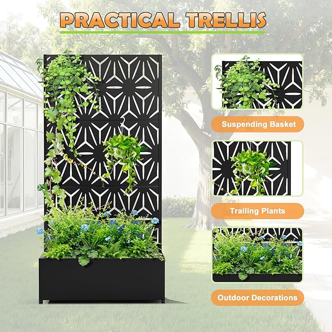 Metal Raised Garden Bed with Trellis, 2-in-1 Planter Box & Privacy Screen for Climbing Plants, Outdoor Standing Flower Bed with Drainage Holes, 35.4" L x 15.7" W x 70.1" H, Black-Star