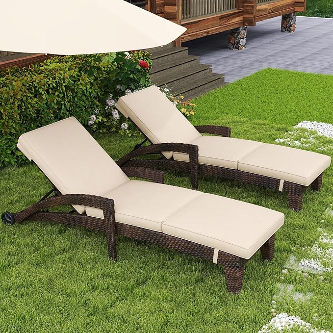 Patio Chaise Lounge Set of 2, Wicker Lounge Chairs Outdoor with Wheels, Heavy Duty Lounger Chair Outdoor, Wicker Chaise Lounges with Armrests All Weather, Khaki