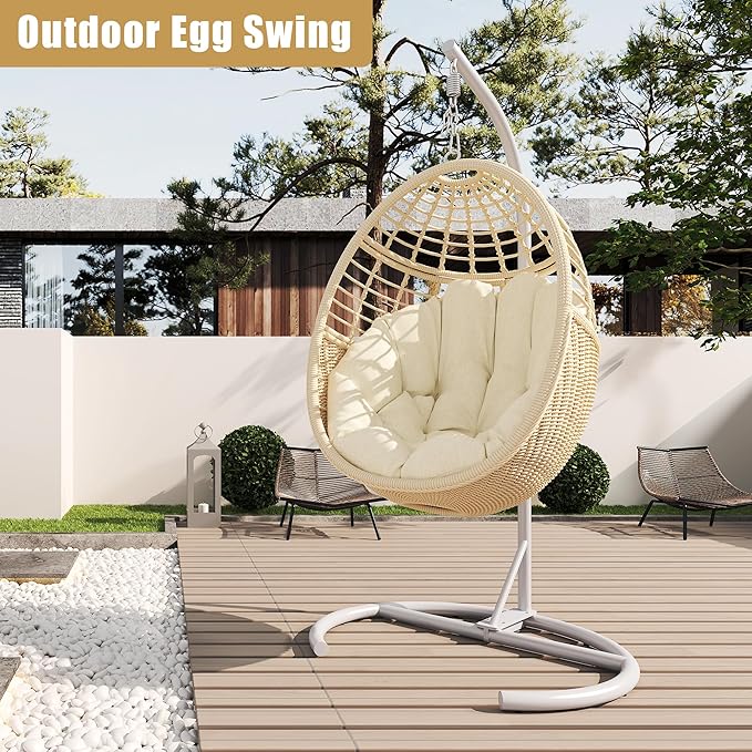 Hanging Egg Chair Swing Chair with Stand Wicker Rattan Chairs for Indoor Outdoor Patio Bedroom Hammock Chair with Steel Frame and Cushion(Color: Beige)
