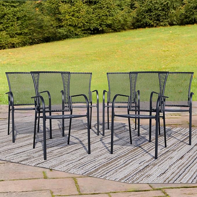Outdoor Metal Patio Chairs Set of 6, Stackable Iron Mesh Dining Chairs with Armrests, All-Weather Bistro Chairs for Garden, Backyard, Porch, or Balcony