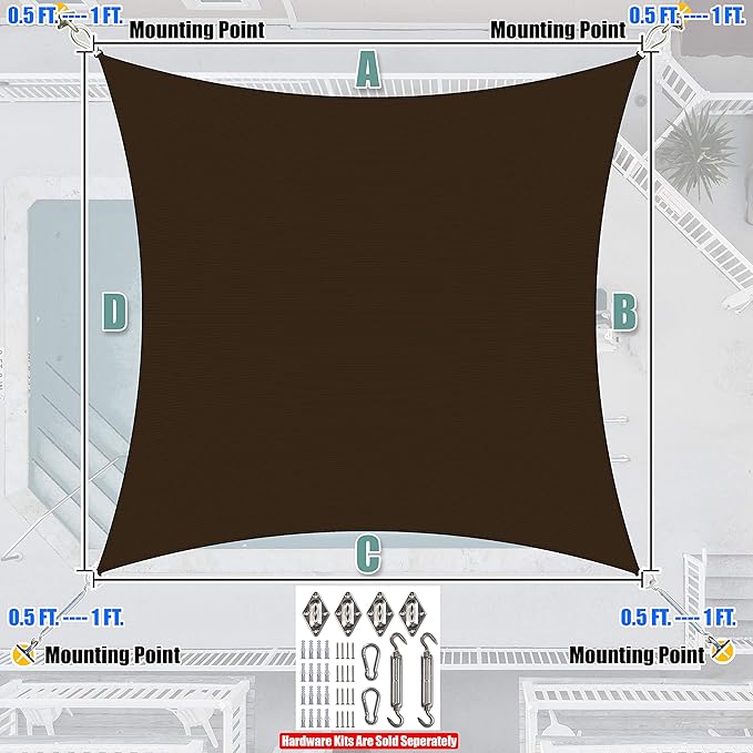 Amgo Custom Size 15' x 16' Brown Rectangle Square Sun Shade Sail UPF50+ AGTAPR1620, Order to Make Canopy Awning, 95% UV Blockage, Water & Air Permeable, Commercial and Residential (We Customize)
