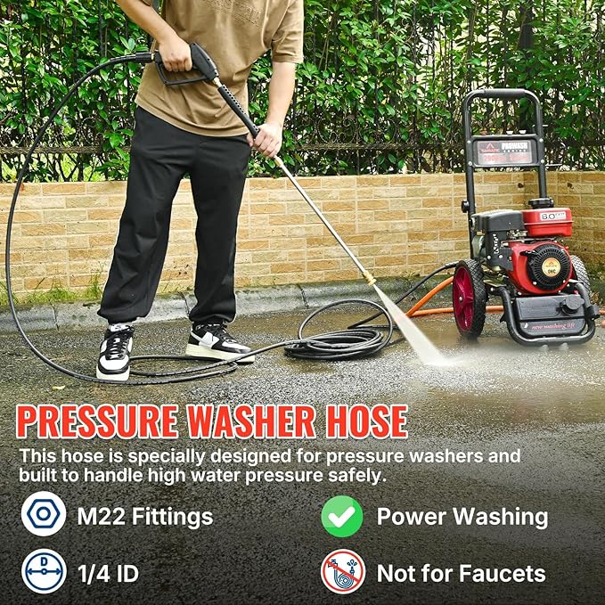 YAMATIC Pressure Washer Hose 50FT 1/4" ID, Standard (2) M22 Brass Fittings, 3200 PSI Kink-Resistant Replacement for Ryobi, Troy Bilt, Greenworks, CRAFTSMAN M22 Threads Power Washers